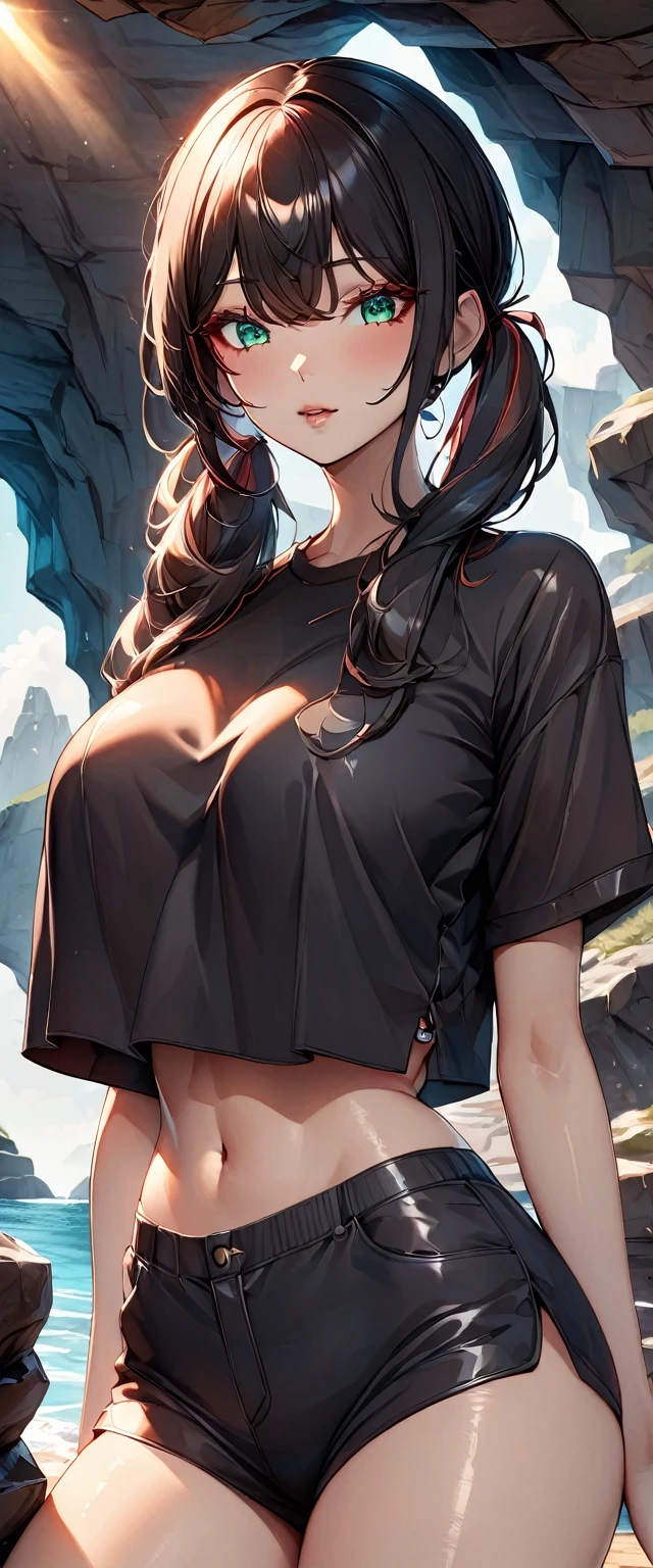 Photo of a woman with natural skin, Upper Body, Seaside cave, The light is shining in, High Twintails, Black hair with red mesh, Sharp eyes with red eyeshadow, Blue-green eyes, Shining eyes, A thin, upturned nose, Well-shaped lips, Big Breasts, ((crop top overhang, Thighs, Glamour body)), Makeup, Exquisitely crafted with the utmost attention to detail, Vibrant, amazing, Smooth, Cinematic, 4K, Backlight, (()), Shallow depth of field, ((Detailed eyes:1.3, Detailed lips:1.3, high quality, )), masterpiece, Super detailed images, High quality