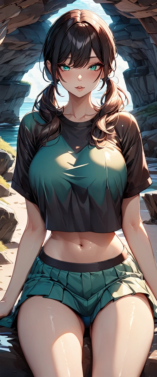 Photo of a woman with natural skin, Upper Body, Seaside cave, The light is shining in, High Twintails, Black hair with red mesh, Sharp eyes with red eyeshadow, Blue-green eyes, Shining eyes, A thin, upturned nose, Well-shaped lips, Big Breasts, ((crop top overhang, Thighs, Glamour body)), Makeup, Exquisitely crafted with the utmost attention to detail, Vibrant, amazing, Smooth, Cinematic, 4K, Backlight, (()), Shallow depth of field, ((Detailed eyes:1.3, Detailed lips:1.3, high quality, )), masterpiece, Super detailed images, High quality