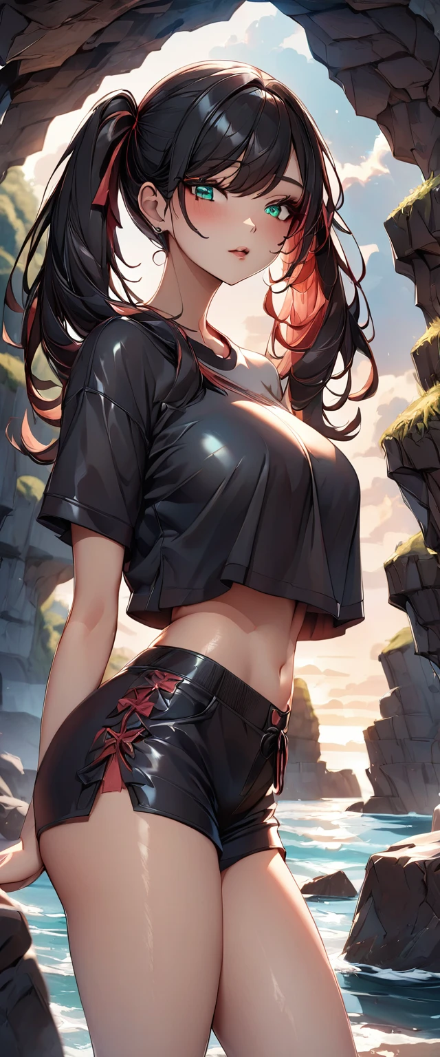 Photo of a woman with natural skin, Upper Body, Seaside cave, The light is shining in, High Twintails, Black hair with red mesh, Sharp eyes with red eyeshadow, Blue-green eyes, Shining eyes, A thin, upturned nose, Well-shaped lips, Big Breasts, ((crop top overhang, Thighs, Glamour body)), Makeup, Exquisitely crafted with the utmost attention to detail, Vibrant, amazing, Smooth, Cinematic, 4K, Backlight, (()), Shallow depth of field, ((Detailed eyes:1.3, Detailed lips:1.3, high quality, )), masterpiece, Super detailed images, High quality