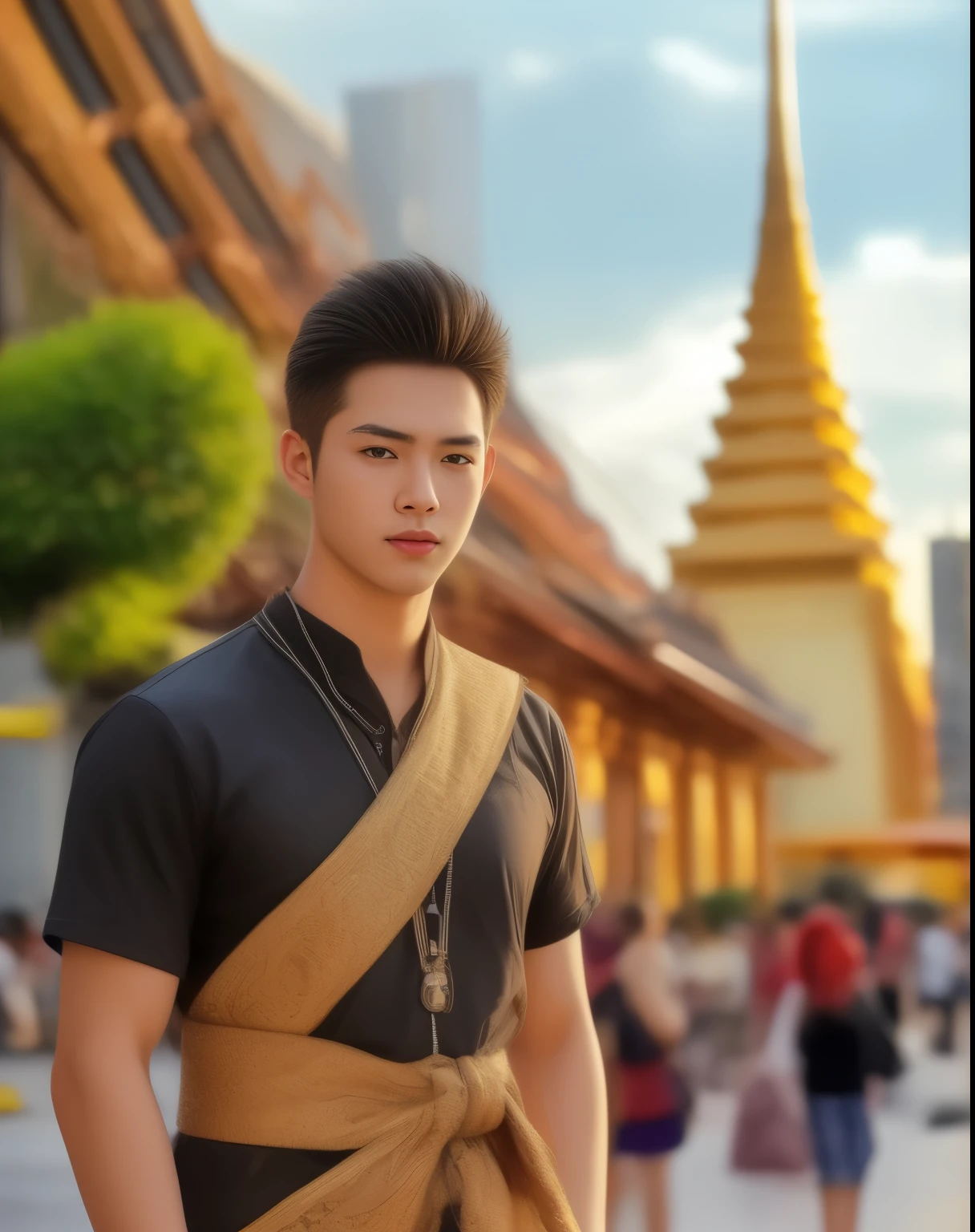 a handsome young man, close-up portrait, Southeast Asian appearance, round face, black eyes staring directly at the viewer, double eyelids, short black hair, t-shirt, strong muscular build, standing on a beach with a sunset in the background, realistic, masterpiece, best quality, 8k, 45 gigapixel resolution, digital painting, HDR, high contrast, lens flare, chromatic aberration