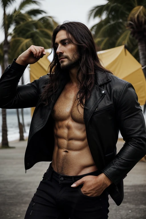 Man in his 30's, He has deep, intense eyes that are sharp and perceptive. They are a dark color, perhaps black or brown, his hair is long, dark hair that falls in waves around his face. It is thick and rous, giving me a wild and untamed look, his skin is smooth and unblemished, with a golden-tan hue, it gives him a rugged, outdoorsy appearance, his body is muscular and slender, he is handsome, he's wearing a black jacket, t-shirt and black jeans