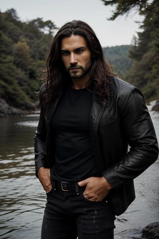 Man in his 30's, He has deep, intense eyes that are sharp and perceptive. They are a dark color, perhaps black or brown, his hair is long, dark hair that falls in waves around his face. It is thick and lustrous, giving me a wild and untamed look, his skin is smooth and unblemished, with a golden-tan hue, it gives him a rugged, outdoorsy appearance, his body is muscular and slender, he is handsome, he's wearing a black jacket, t-shirt and black jeans