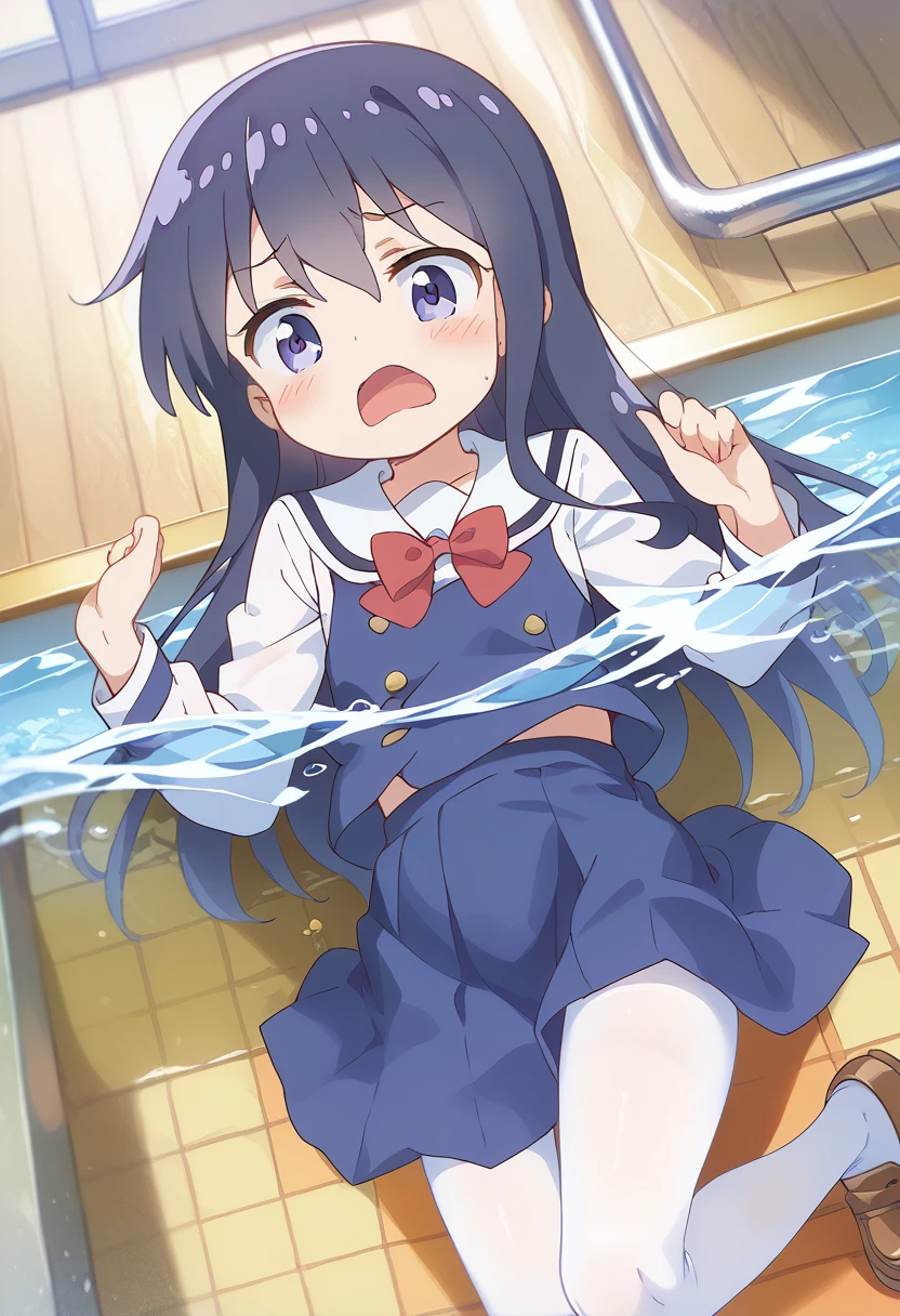 score_9, score_8_up, score_7_up, source_アニメ, masterpiece, 1girl, watahana, school uniform, blue dress, sailor dress, pinafore dress, white sailor collar,white shirt, red bowtie, long sleeves, flat chest, white pantyhose, loafers, from above, indoors, shiny hair, cuteポーズ, (Completely flooded)、((The skirt spreads over the water surface.))、(Drowning), Immersed in water、Transparent pool, Water Play, Primary school students、Skirt fully open、Long wide skirt、cute、blush、Watery eye、Lots of water、Wet