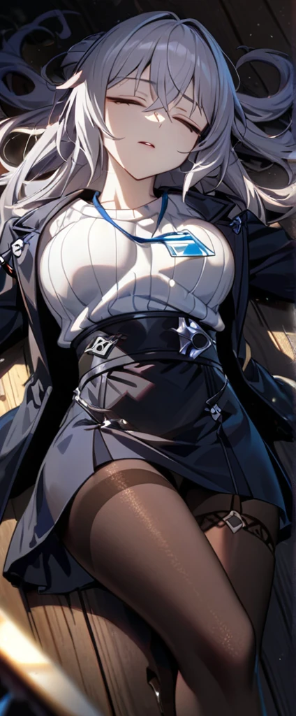 Dramatic composition, gorgeous, maximalism, delicate portrayal of hair, cinematic light, extreme detail, high definition, light particles, (closed eyes:1.3), dead, death, (expressionless:1.4), (teeth:0.9) (lying:1.2) (lying on the back:1.2), wooden floor,  bronya-OL2, suit jacket, thighband pantyhose, gloves, id card, high heels, high-waist skirt, ribbed sweater, (open mouth:1.1)