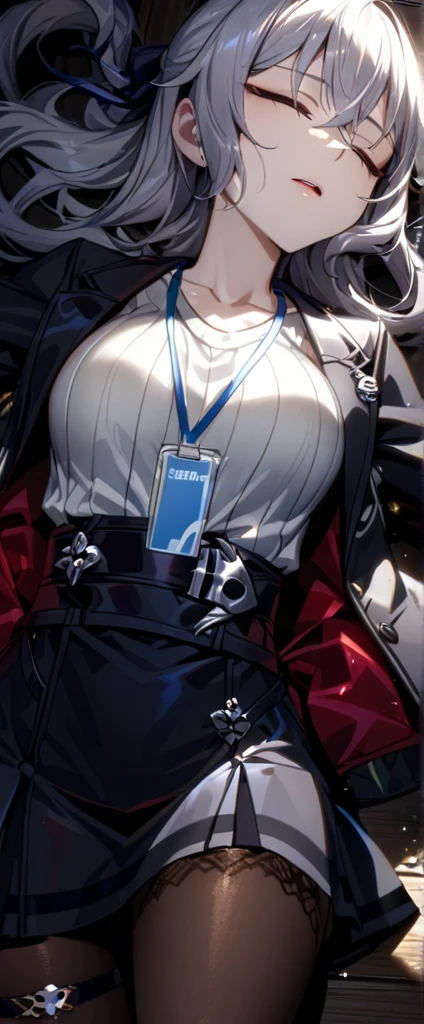 Dramatic composition, gorgeous, maximalism, delicate portrayal of hair, cinematic light, extreme detail, high definition, light particles, (closed eyes:1.3), dead, death, (expressionless:1.4), (teeth:0.9) (lying:1.2) (lying on the back:1.2), wooden floor, bronya-OL2, suit jacket, thighband pantyhose, gloves, id card, high heels, high-waist skirt, ribbed sweater, (open mouth:1.1)