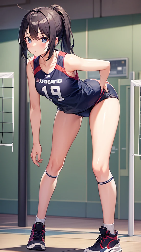 Girl with a volleyball、Leaning forward、Bend、whole body、Are standing、front