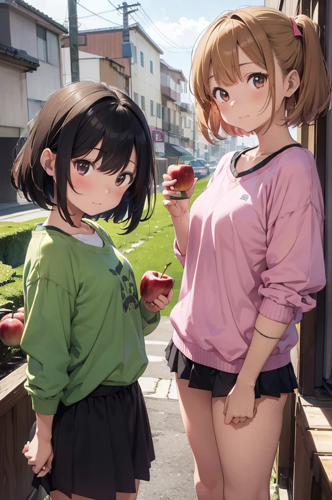 masterpiece,Japanese,whole body,Two Girls,One of them has short hair with a light brown and yellow-green color and is wearing green clothes.,The other has short, dark brown and pink hair and is wearing pink clothing.,Red apples and green apples,View your viewers,Playing a game,Holding the controller,Girl's Room,smile,looks fun,Daytime,Outside the window it's sunny