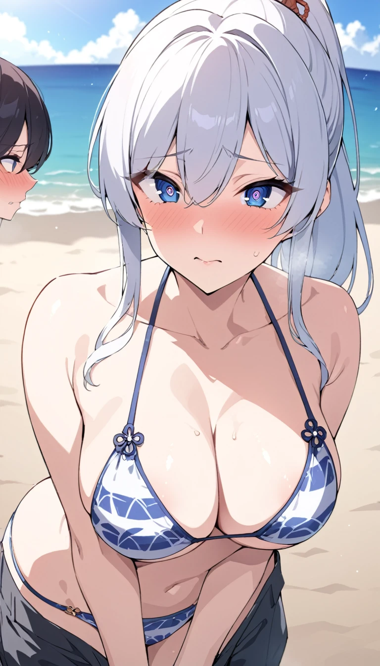 masterpiece, High resolution, perfect face, Japan beauties, 30 years old, beautiful face, beach, bikini, embarrassed look, look at the camera, (top quality eyes), detailed texture, Look at me, Married woman, cool women, ((high resolution eyes)), hentai, ponytail