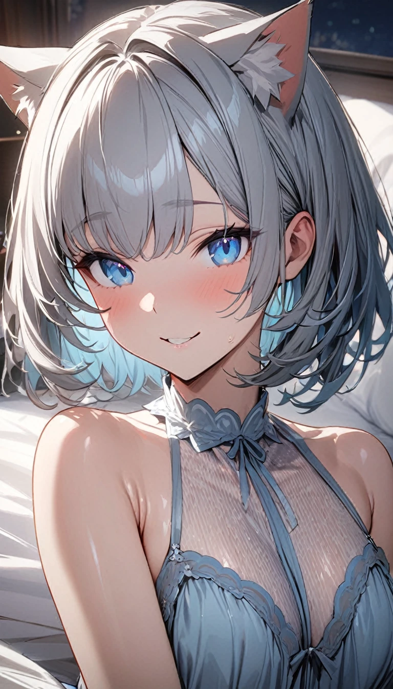 1girl、(((best quality)), ((masterpiece)), (details), masterpiece, best quality, high quality, ulutra detailed, perfect face, ((1girl, Blue eyes, cat ears: 1.3 silver bob hair: 2.5,))、Shiny Hair、Glowing Skin、Happy face、Lustful look、negligee、Sideleep in bed、night、Bedroom、