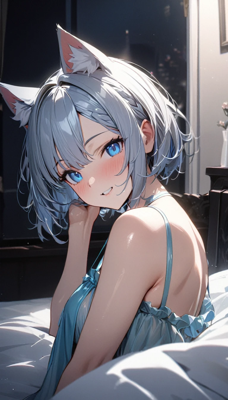 1girl、(((best quality)), ((masterpiece)), (details), masterpiece, best quality, high quality, ulutra detailed, perfect face, ((1girl, Blue eyes, cat ears: 1.3 silver bob hair: 2.5,))、Shiny Hair、Glowing Skin、Happy face、Lustful look、negligee、Sideleep in bed、night、Bedroom、