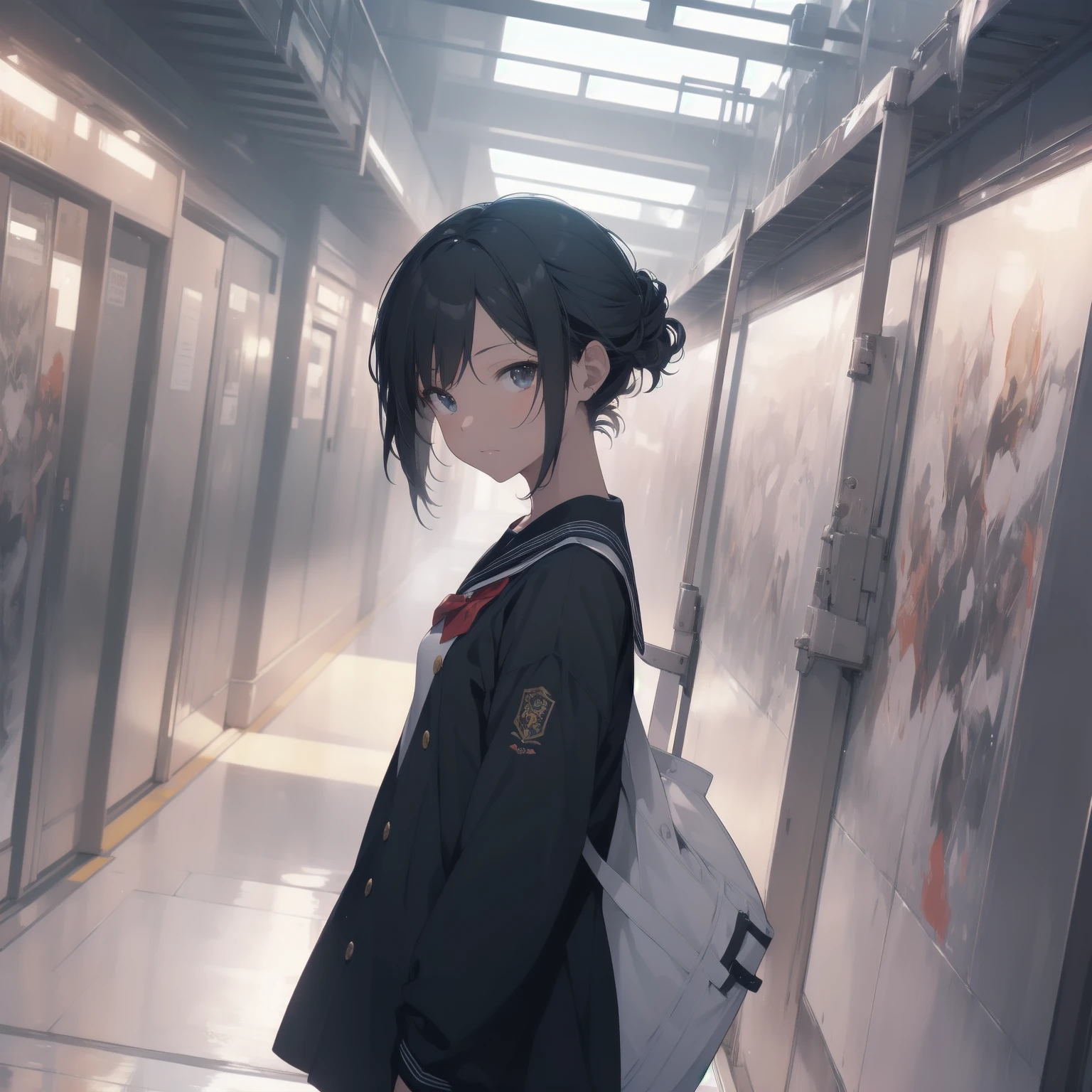 ultra-absurdres-Top quality by artist God, ultra-detailed, high resolution, anime moe artstyle, best anime 8k konachan wallpaper, pixiv contest winner, pool:2810, perfect anatomy,break, 1girl, (Please draw a girl walking sleepily to school alone. )break,(Solo,little female, 13-year-old:1.3),Full limbs, complete fingers,a junior high school student, (very short hair), short cut, flat chest, , small butt, small black eyes, beautiful detailed eyes, well-proportioned iris and pupils, expressive eyes, highres detailed hair, soft expression, salor school_uniform, sailor collar, serahuku, bow, pleated skirt,(Detailed Lighting), (Detailed background), in the School commute route. break,super detailed skin, Best cinematic lighting powered by famous artist, 8k,beauty illustration,photoshop_(medium),very aesthetic,break,((artist:kotorai )), artist:clamp ,artist:carnelian ,artist:kantoku ,
