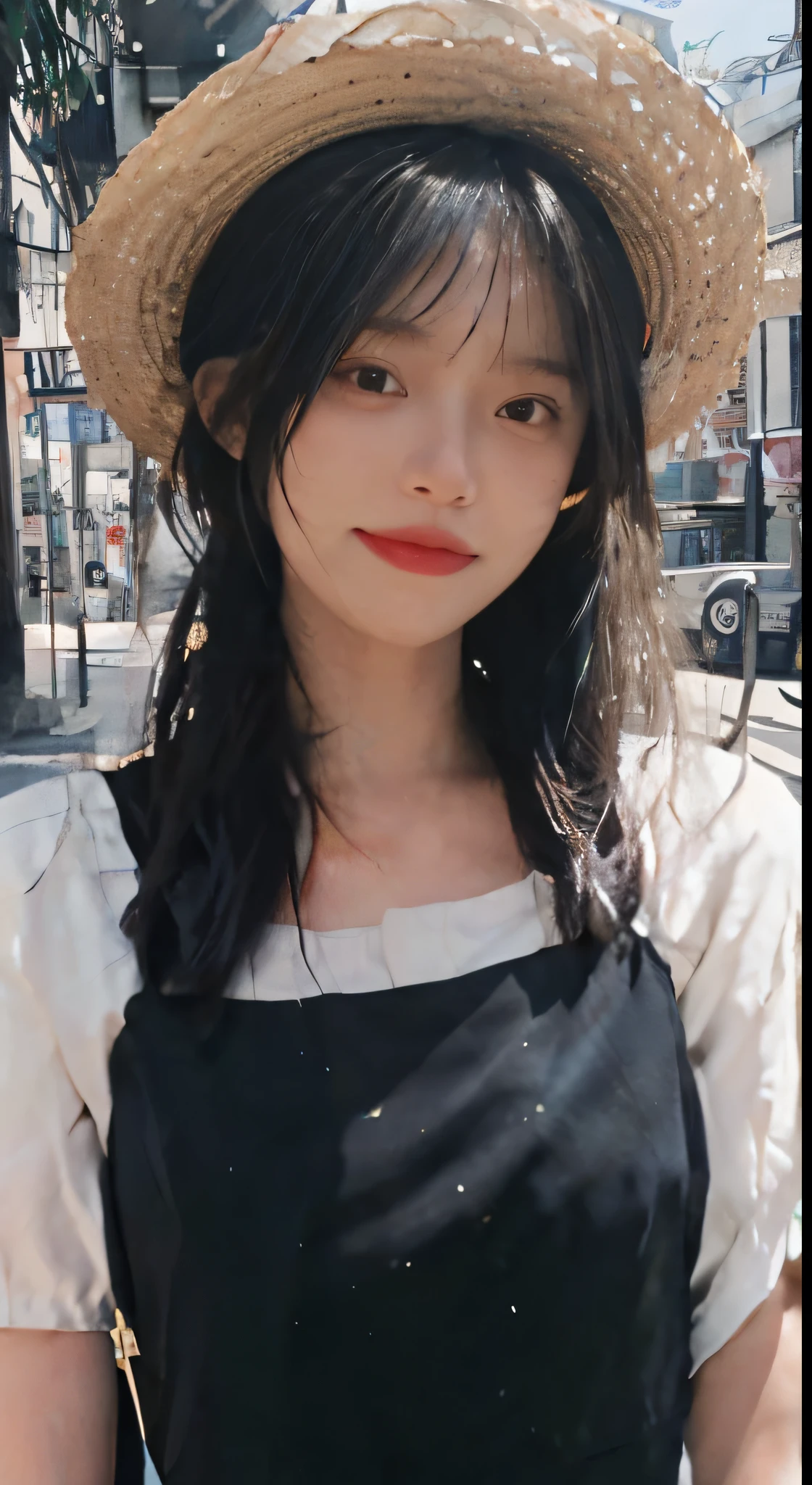 ((best quality, 8K, masterpiece: 1.3)), (Sunscreen straw hat: 1.3), Key Points: 1.2, Perfect body beauty: 1.4, Hips: 1.2, (Layered Hairstyle: 1.2)), (Dark Street: 1.3), Highly detailed face and skin textures, whole body, Exquisite eyes, Double eyelids, Skin Whitening, Long hair, (Round Face: 1.5), (French dress: 1.6). Smile at the seaside，Small face，Long legs