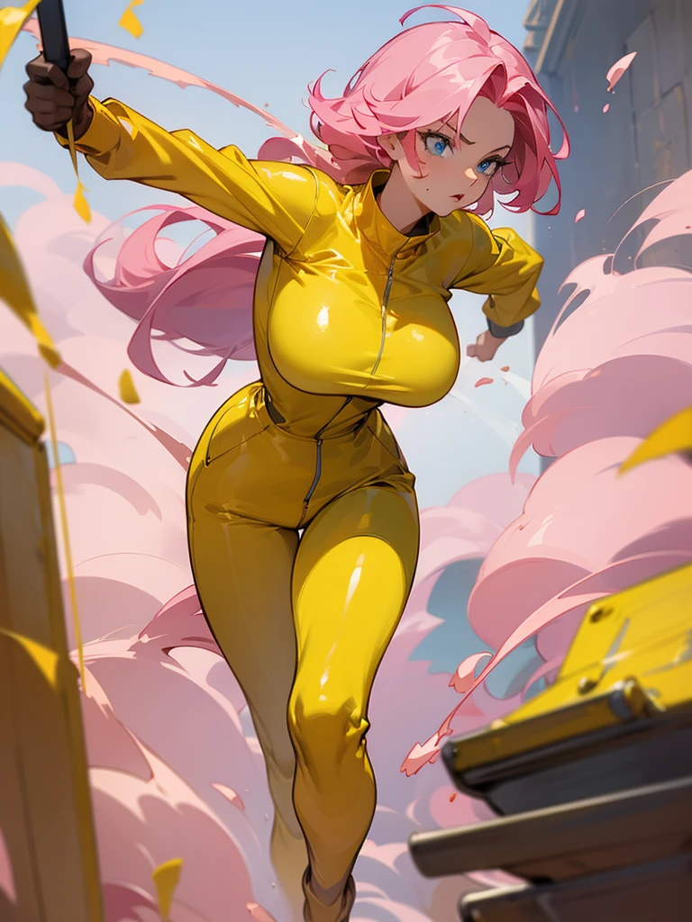 a mature woman , hero pose, big pink hair, shining blue eyes, wearing a mustard yellow jumpsuit. hero pose, big breasts35 years old, running away from an old squeegee