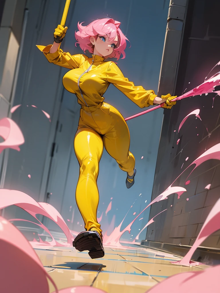 a mature woman , hero pose, big pink hair, shining blue eyes, wearing a mustard yellow jumpsuit. hero pose, big breasts35 years old, running away from an old squeegee