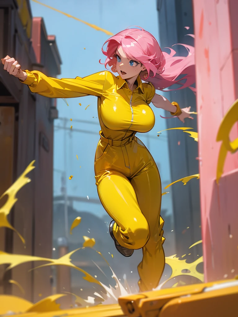 a mature woman , hero pose, big pink hair, shining blue eyes, wearing a mustard yellow jumpsuit. hero pose, big breasts35 years old, running away from an old squeegee