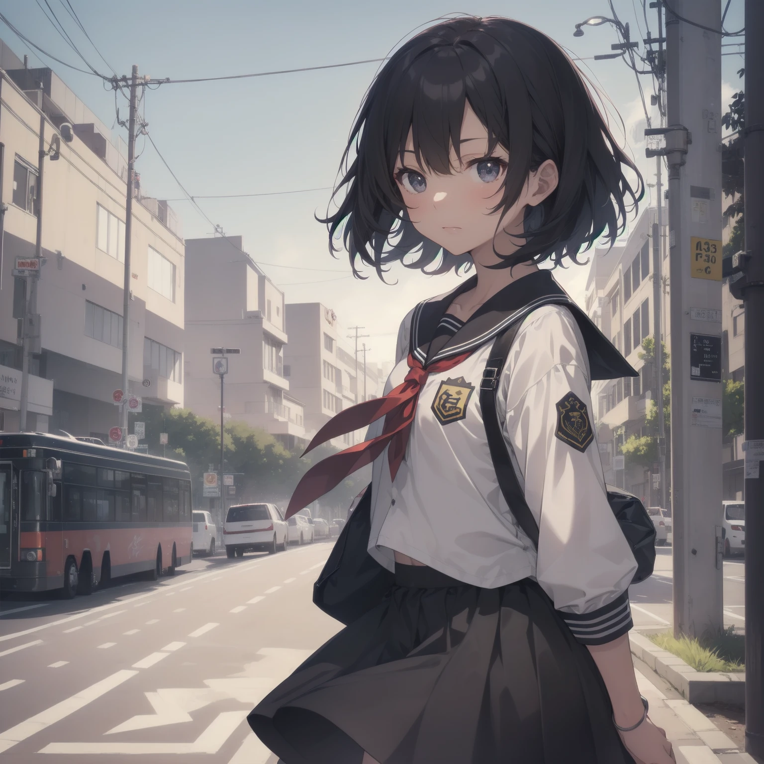 ultra-absurdres-Top quality by artist God, ultra-detailed, high resolution, anime moe artstyle, best anime 8k konachan wallpaper, pixiv contest winner, pool:2810, perfect anatomy,break, 1girl, (Please draw a girl walking sleepily to school alone. )break,(Solo,little female, 13-year-old:1.3),Full limbs, complete fingers,a junior high school student, (very short hair), short cut, flat chest, , small butt, small black eyes, beautiful detailed eyes, well-proportioned iris and pupils, expressive eyes, highres detailed hair, soft expression, salor school_uniform, sailor collar, serahuku, bow, pleated skirt,(Detailed Lighting), (Detailed background), in the School commute route. break,super detailed skin, Best cinematic lighting powered by famous artist, 8k,beauty illustration,photoshop_(medium),very aesthetic,break,((artist:kotorai )), artist:clamp ,artist:carnelian ,artist:kantoku ,
