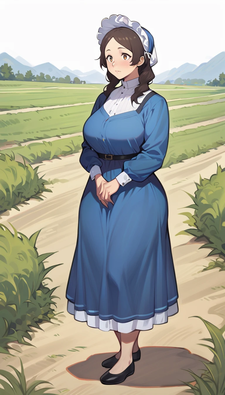 1woman, adult amish woman, 40 years old, pale skin, long sleeved blue dress, she wears small black apron over her blue dress, full body shown, very short brown hair in a conservative style, no long hair on the back or sides of her head, white bonnet kapp that covers a majority of her hair, wide hips, thick thighs, wearing simple black flats, thick legs, slightly below the knee dress, slight face wrinkles, tight sleeves, standing upright in a farm field, no makeup, hands on lap, side view, aged face, busty, hourglass body figure, rosy cheeks