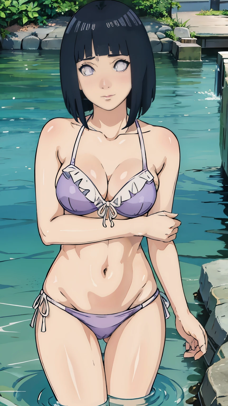 beautiful hinata hyuga, with medium breast, lean body, wearing ruffled bikini, standing in water looking at viewer, embarrassed, looking straight to the viewer,