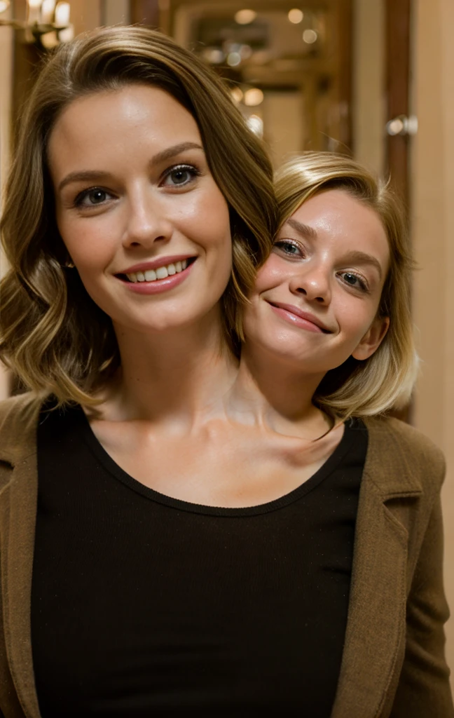 2heads, mom and daughter, (one head adult:1.5), (one head child:1.5), (one blonde and one brunette:1.5)