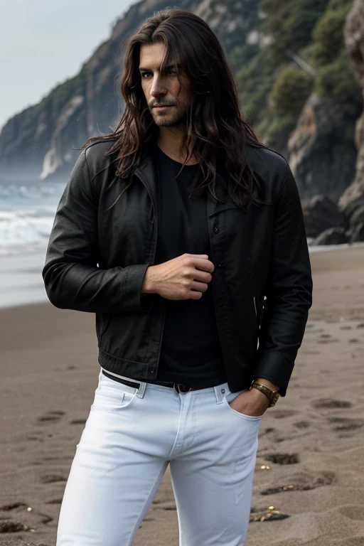 Man in his 30's, He has deep, intense eyes that are sharp and perceptive. They are a dark color, perhaps black or brown, his hair is long, dark hair that falls in waves around his face. It is thick and lustrous, giving me a wild and untamed look, his skin is smooth and unblemished, with a golden-tan hue, it gives him a rugged, outdoorsy appearance, his body is muscular and slender, he is handsome, he's wearing a black jacket, white t-shirt and black jeans