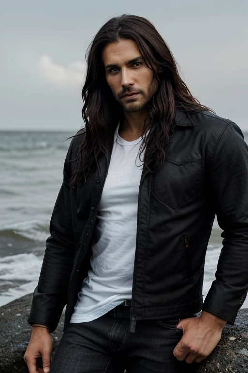 Man in his 30's, He has deep, intense eyes that are sharp and perceptive. They are a dark color, perhaps black or brown, his hair is long, dark hair that falls in waves around his face. It is thick and lustrous, giving me a wild and untamed look, his skin is smooth and unblemished, with a golden-tan hue, it gives him a rugged, outdoorsy appearance, his body is muscular and slender, he is handsome, he's wearing a black jacket, white t-shirt and black jeans
