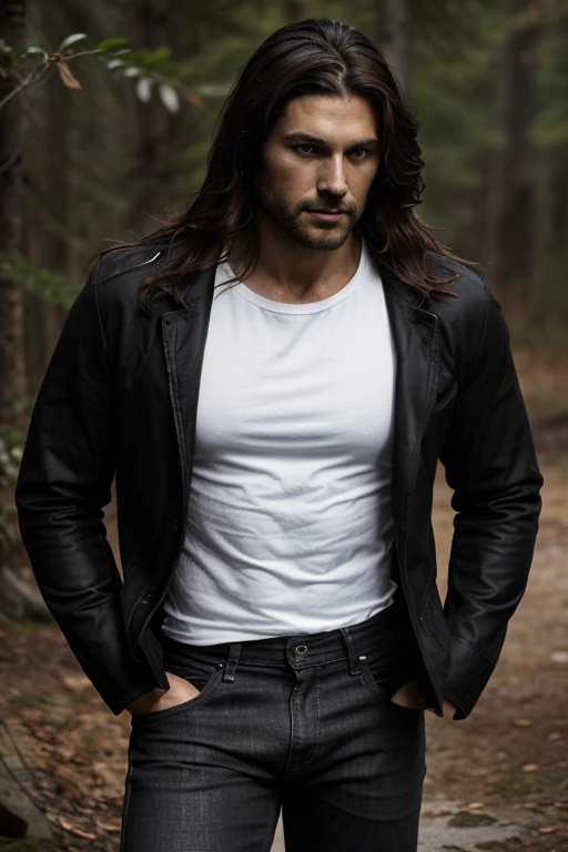 Man in his 30's, He has deep, intense eyes that are sharp and perceptive. They are a dark color, perhaps black or brown, his hair is long, dark hair that falls in waves around his face. It is thick and lustrous, giving me a wild and untamed look, his skin is smooth and unblemished, with a golden-tan hue, it gives him a rugged, outdoorsy appearance, his body is muscular and slender, he is handsome, he's wearing a black jacket, white t-shirt and black jeans