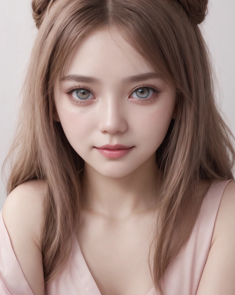 1girl, solo, portrait, simple background, dark theme, pink makeup, detailed eyes, (abs:1.1),, swept bangles, tassel, white background , transparent air, transparent eyes, brown ash hair, blouse, pink cheeks, half-smile, extreme_close_up, 8k, best quality, ultra highres, japanese girl, brown eyes,cute face