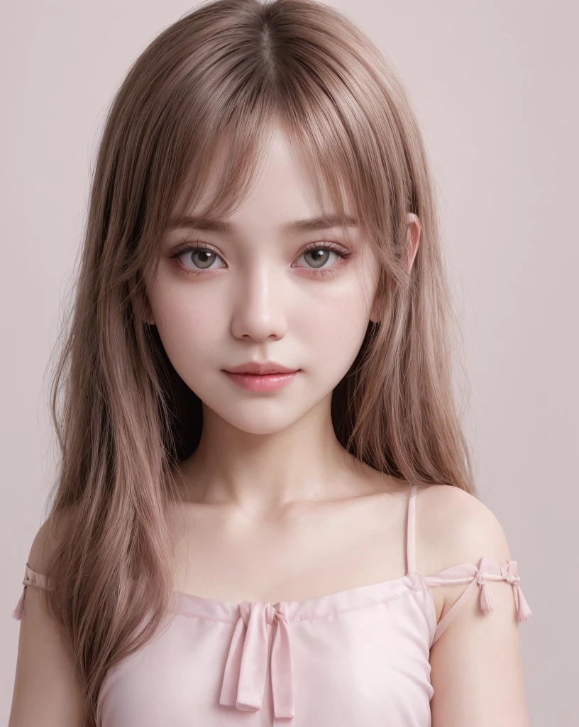 1girl, solo, portrait, simple background, dark theme, pink makeup, detailed eyes, (abs:1.1),, swept bangles, tassel, white background , transparent air, transparent eyes, brown ash hair, blouse, pink cheeks, half-smile, extreme_close_up, 8k, best quality, ultra highres, japanese girl, brown eyes,cute face