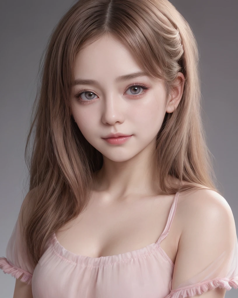 1girl, solo, portrait, simple background, dark theme, pink makeup, detailed eyes, (abs:1.1),, swept bangles, tassel, white background , transparent air, transparent eyes, brown ash hair, blouse, pink cheeks, half-smile, extreme_close_up, 8k, best quality, ultra highres, japanese girl, brown eyes,cute face