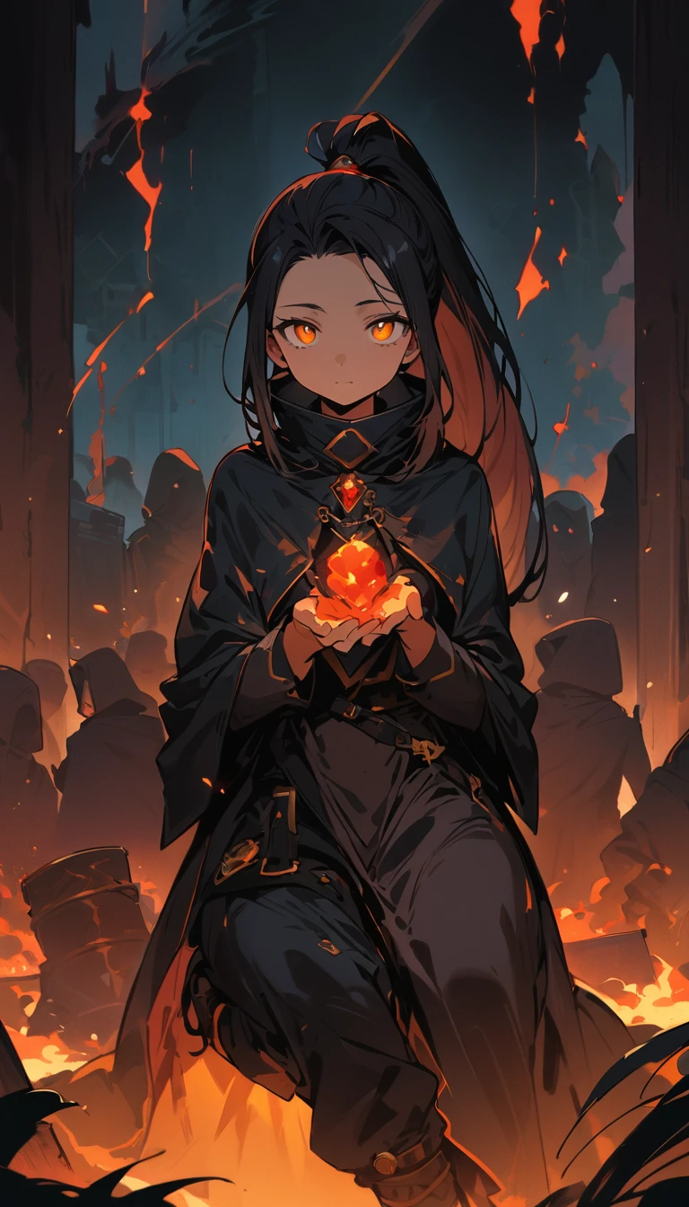 ((((masterpiece, Best qualities, ultra high resolution)))), 1 person, sitting, (long jet black hair), ((glowing coals in the eyes)), long hair, pulled back into a ponytail, light-skinned, ((Little ones, but intrigued eyes)), ((dark circles under the eyes)), ( crossing one leg over the other), central, (shadow outdoor background:0.9), calm facial expression, keep scrolling (drawings or plan), demonstration face, (complex outfit made of dark fabrics, metal details and hidden gemstone accents:0.9), facing the viewer, transformed hand or visually "Did" object in hand, when you do something, (35 years), calm and collected air, wear a cloak for mystery, (smoke nearby:0.5), deep patients for others, robust and reliable design, a blacksmith's anvil and hammer are visible from behind, receiving offers of help or requests for help from others late at night