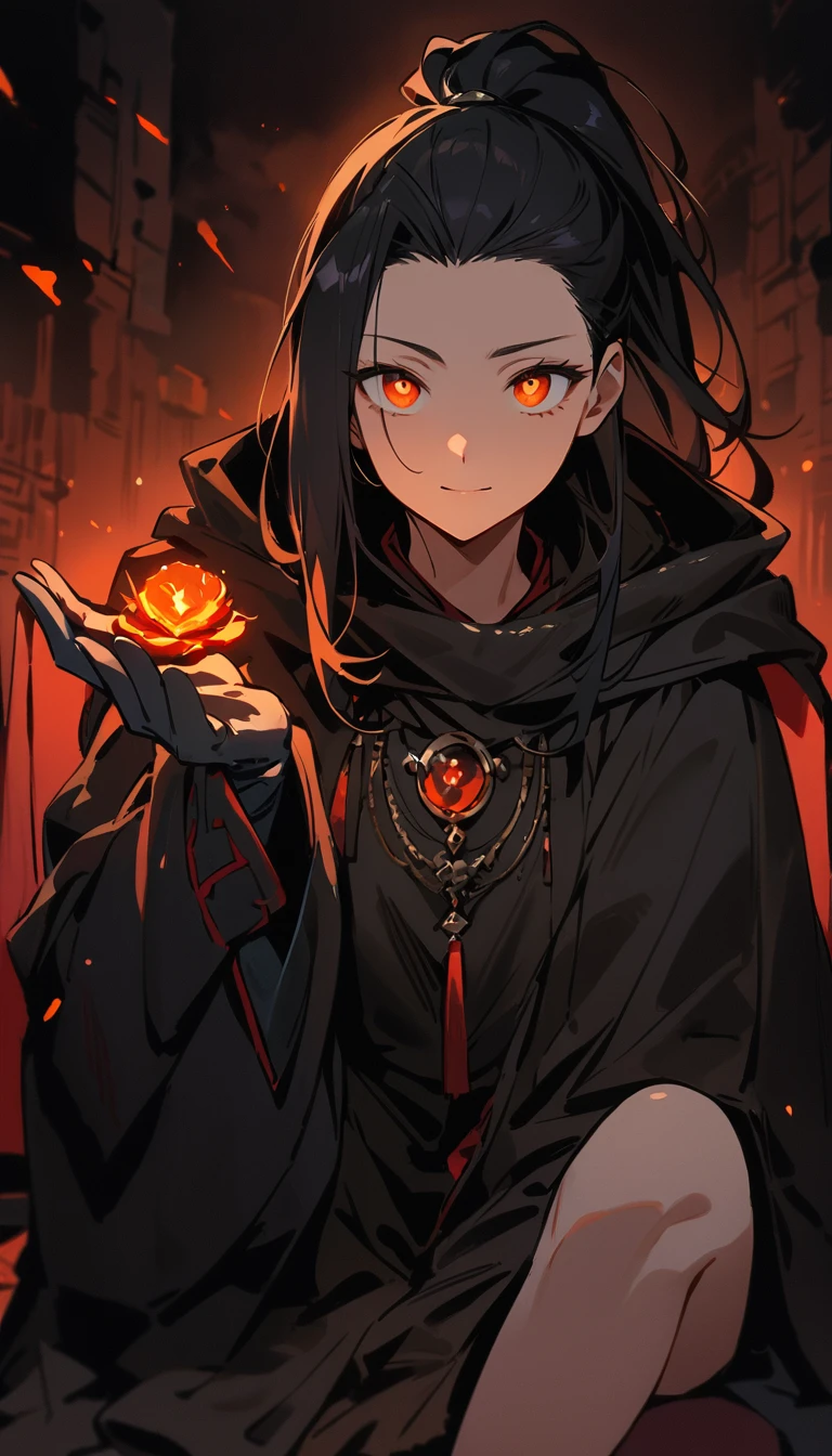 ((((masterpiece, Best qualities, ultra high resolution)))), 1 person, sitting, (long jet black hair), ((glowing coals in the eyes)), long hair, pulled back into a ponytail, light-skinned, ((Little ones, but intrigued eyes)), ((dark circles under the eyes)), ( crossing one leg over the other), central, (shadow outdoor background:0.9), calm facial expression, keep scrolling (drawings or plan), demonstration face, (complex outfit made of dark fabrics, metal details and hidden gemstone accents:0.9), facing the viewer, transformed hand or visually "Did" object in hand, when you do something, (35 years), calm and collected air, wear a cloak for mystery, (smoke nearby:0.5), deep patients for others, robust and reliable design, a blacksmith's anvil and hammer are visible from behind, receiving offers of help or requests for help from others late at night