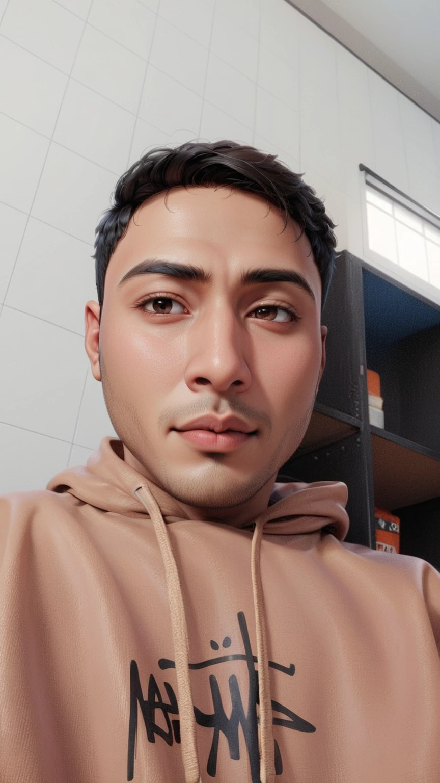 Create a half body portrait of cartoonish caricature 3D animation of a big-headed. a 25 years old Pakistani man. She has short black pixie cut hair. His face is oval with smooth lines, thick and neat black eyebrows, normal eyes, a small, sharp nose, and thin lips with a wide, friendly smile. He wore a dark hoodie with blue jeans. Gradient blue background. masterpiece, top quality, highly detailed skin and face, ultra-realistic, high definition, sharp focus, Concept Art. 
