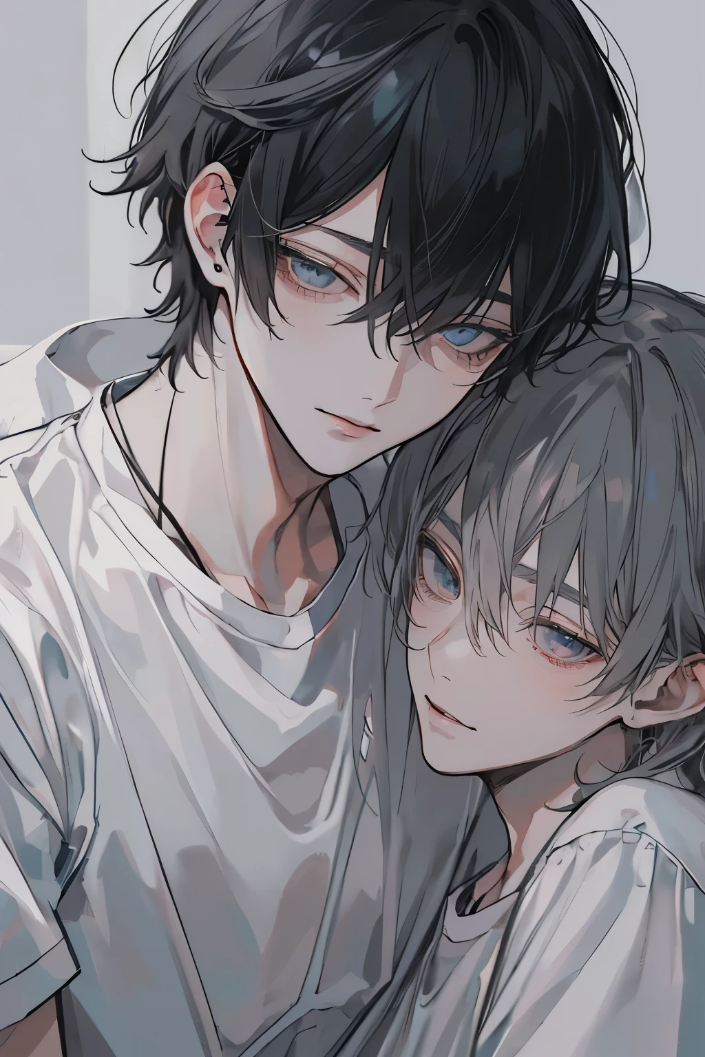 (Mastepiece), (Best Quality), Very detailed, ((Two men intimate:1.5)), Perfect Face, Beautiful Face, Very detailedな顔，(Upper body shot:1.3)，(Black-haired man:1.3)，(Grey-haired man:1.3)、T-Shirts、smile