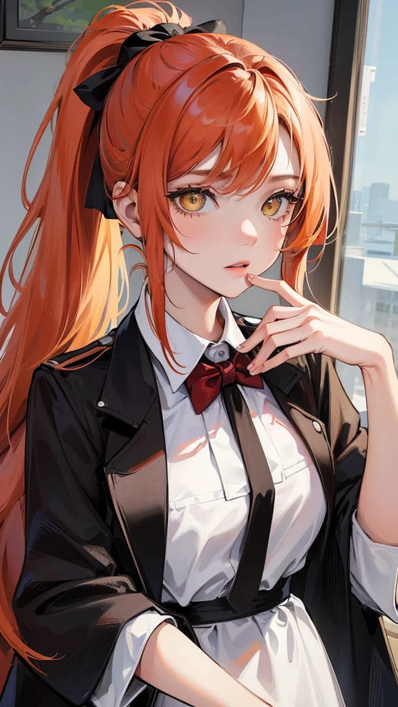 (Top resolution、Distinct_image)top-quality、(A girl) 、masterpiece、highly detailed, half body, Semi-realistic、yellow eyes 、18year old, ginger hair ,young 、Exquisite facial features、Facial features ,variation potrait, long ponytail hairstyles, , age, cool , cold sharp eyes, , {Very detailed 8k CG unit wallpaper}, students uniform, whit oversized shirt l, black tie, music classroom, red bass