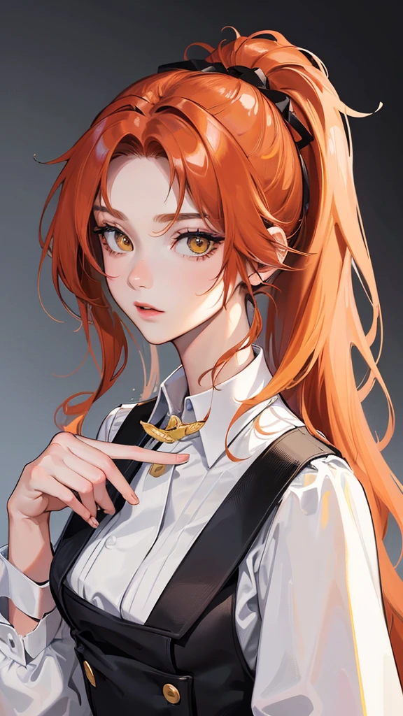 (Top resolution、Distinct_image)top-quality、(A girl) 、masterpiece、highly detailed, half body, Semi-realistic、yellow eyes 、18year old, ginger hair ,young 、Exquisite facial features、Facial features ,variation potrait, long ponytail hairstyles, , age, cool , cold sharp eyes, , {Very detailed 8k CG unit wallpaper}, students uniform, whit oversized shirt l, black tie, music classroom, red bass