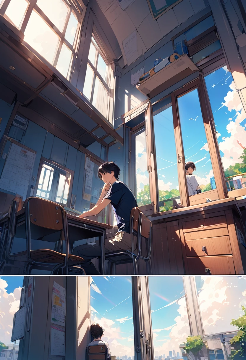 A classroom with neat desks and chairs,(Looking from bottom to top),Outside the window there is a blue sky and white clouds.、I can see a building in the distance,(The sky outside the window takes up the top half of the picture.(1:1))Sunlight pours in through the window,A boy sits at a desk、I was thinking with my chin resting on my hand.,Super detailed,Anime comic style