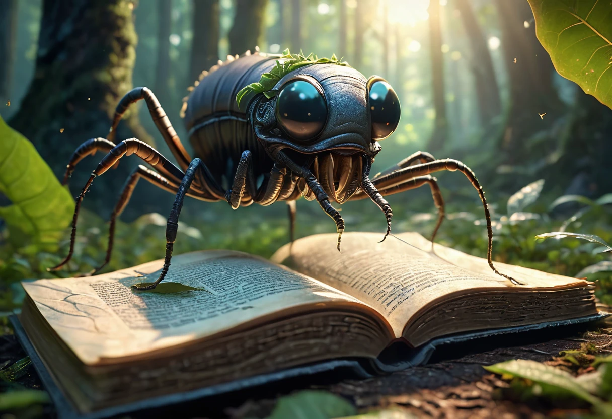 Ant holding a worm with its huge mandibles, balancing on the edge of a leaf turning into pages of an ancient book with magical symbols, digital art, unreal engine, hyper detailed, octane rendering, mystical atmosphere, enchanted forest background, hyperrealism, 8k