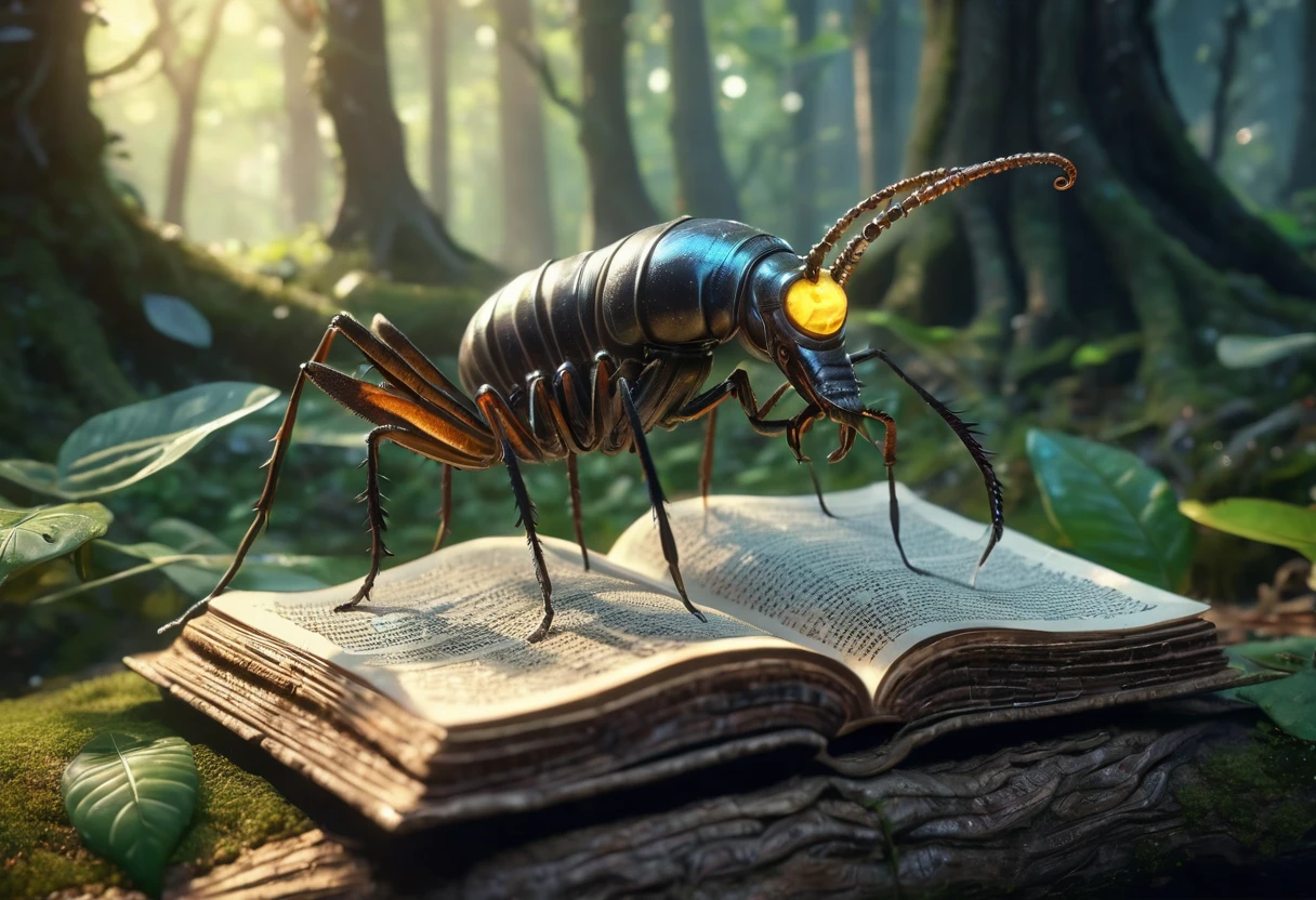 Ant holding a worm with its huge mandibles, balancing on the edge of a leaf turning into pages of an ancient book with magical symbols, digital art, unreal engine, hyper detailed, octane rendering, mystical atmosphere, enchanted forest background, hyperrealism, 8k
