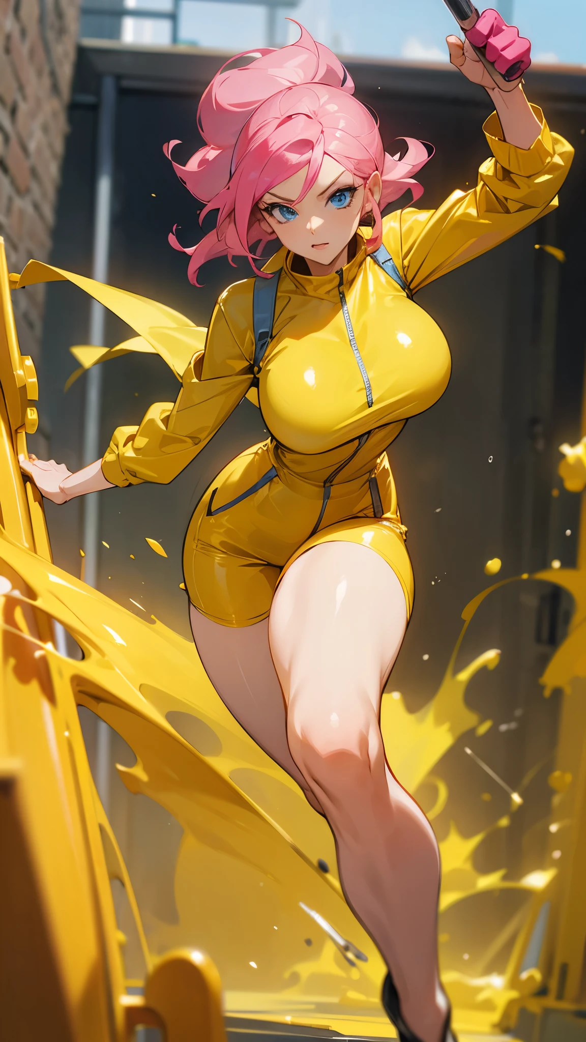 a mature woman , hero pose, big pink hair, shining blue eyes, wearing a mustard yellow jumpsuit. hero pose, big breasts35 years old, running away from an old squeegee