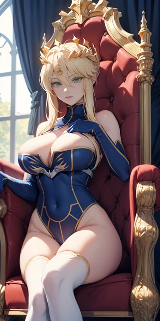 Lancer Artoria, elegant adult female, blonde, green eyes, (yellow eyelashes), crown, turtleneck, cleavage cutout, sleeveless, blue leotard, elbow gloves, gauntlets, blue thigh, elegantly (sit on throne), throne room, close-up protrait, high resolution, extremely detail 8k cg