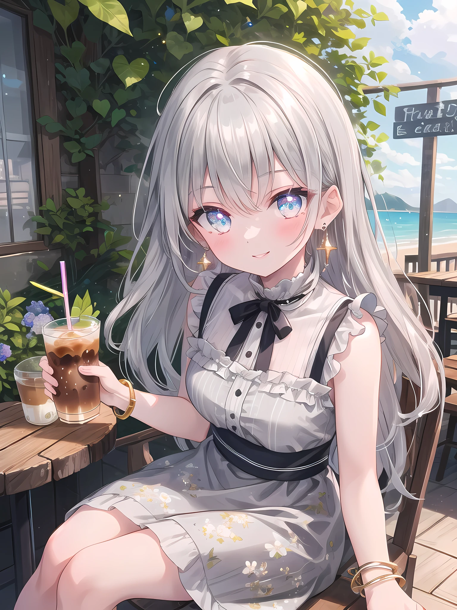((8k, best quality, master piece: 1.3)),super high resolution,(1 girl, solo), (colorshift eyes, hyperdetailed, expressive sparkling, glitter, glowing eyes), ultra detailed eyes, ultra-detailed face, random hair, ((silver gray color)), Ecstatic expression, In the photo of a moment on the cafe terrace, a silver-haired woman wearing a floral summer dress is shown sitting on the terrace of a seaside cafe, leaning her elbows on a wooden table and drinking iced coffee, holding the glass in one hand and supporting the table with the other, bringing the glass close to her lips, smiling happily at the camera, and her gold earrings and bracelet shining elegantly.