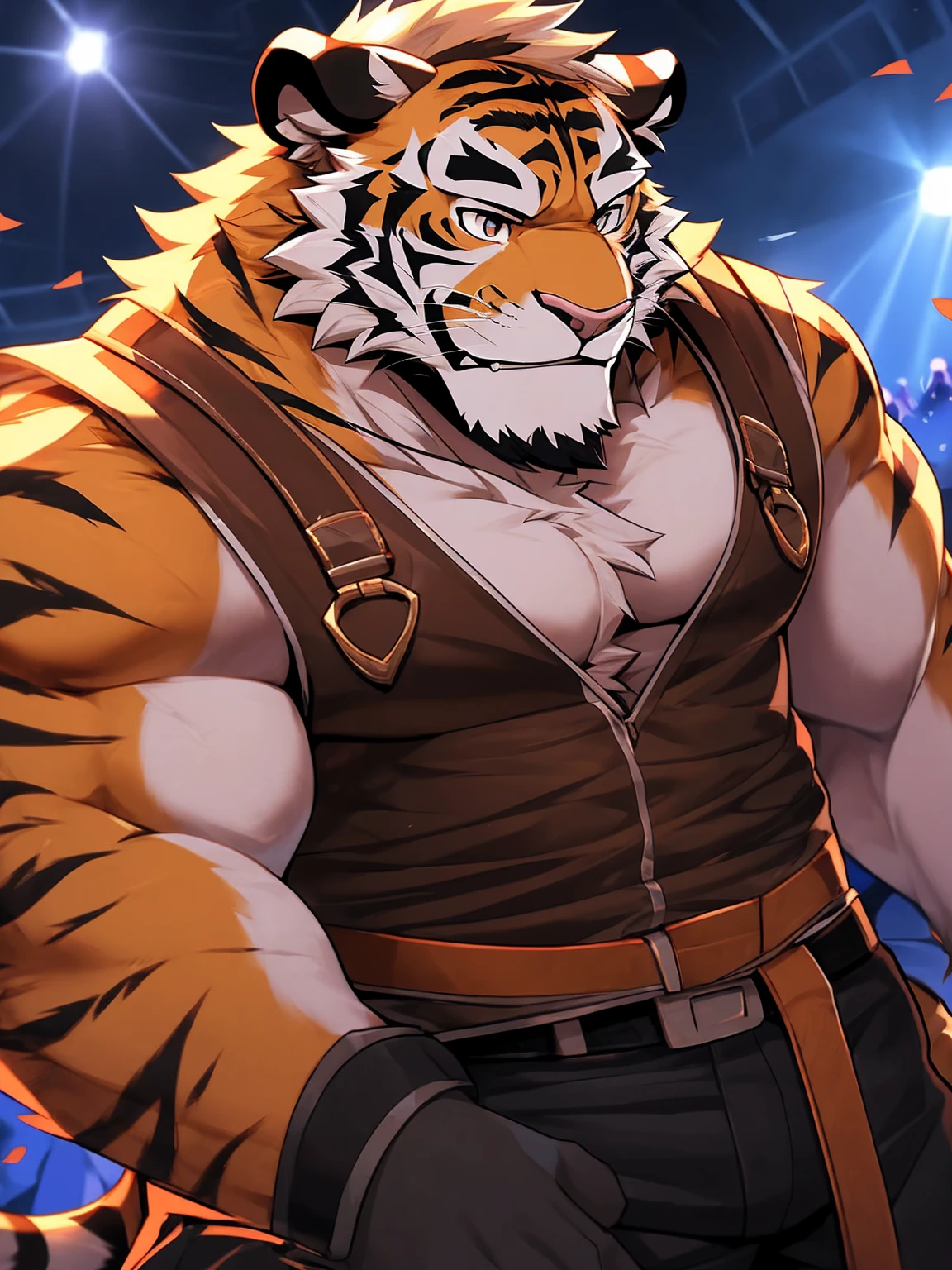 (1 mature male furry), masterpiece, best quality, Super beautiful illustrations, Male tiger furry, Strong masculine face, Looking at the audience, 1 Boy, belt, close up, Looking at the audience, 4K, high resolution,