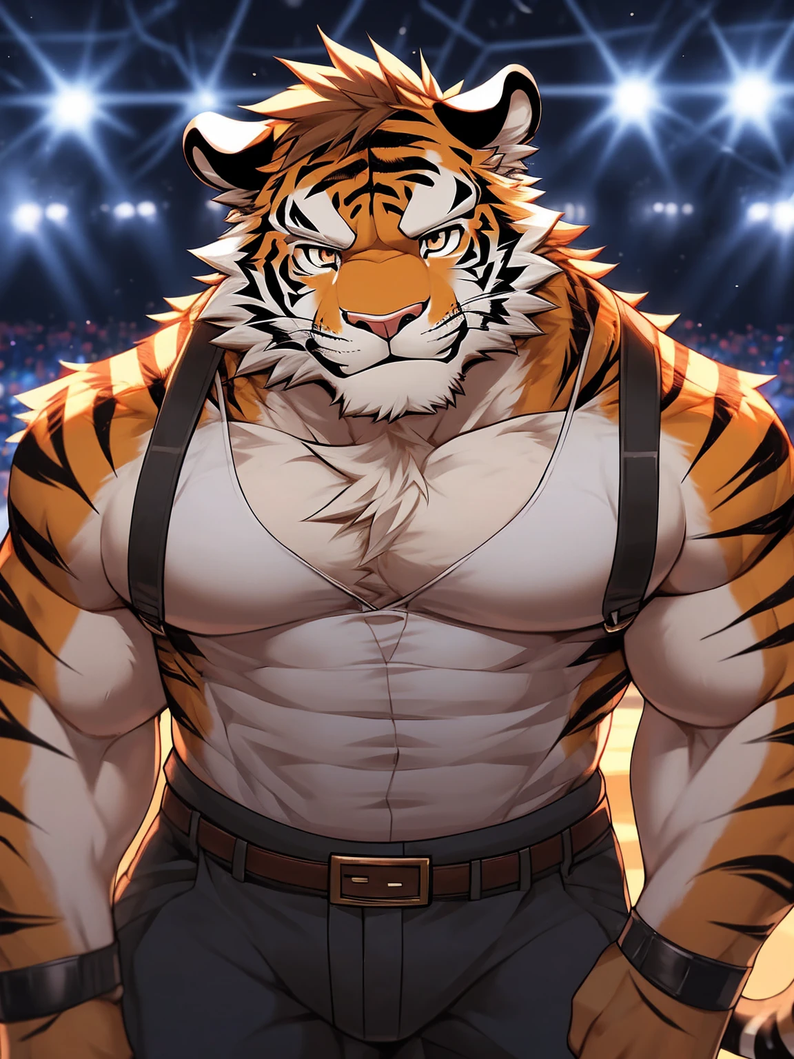 (1 mature male furry), masterpiece, best quality, Super beautiful illustrations, Male tiger furry, Strong masculine face, Looking at the audience, 1 Boy, belt, close up, Looking at the audience, 4K, high resolution, 