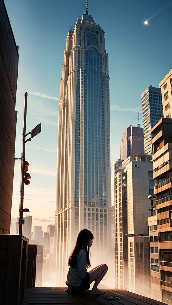 null, star, landscape, morningrynull, morning, girl, morning null, alone, Outdoor, sign, building, cloud, morning日,morning焼け, Sitting, wood, Long Hair, city, silhouette, cityscape