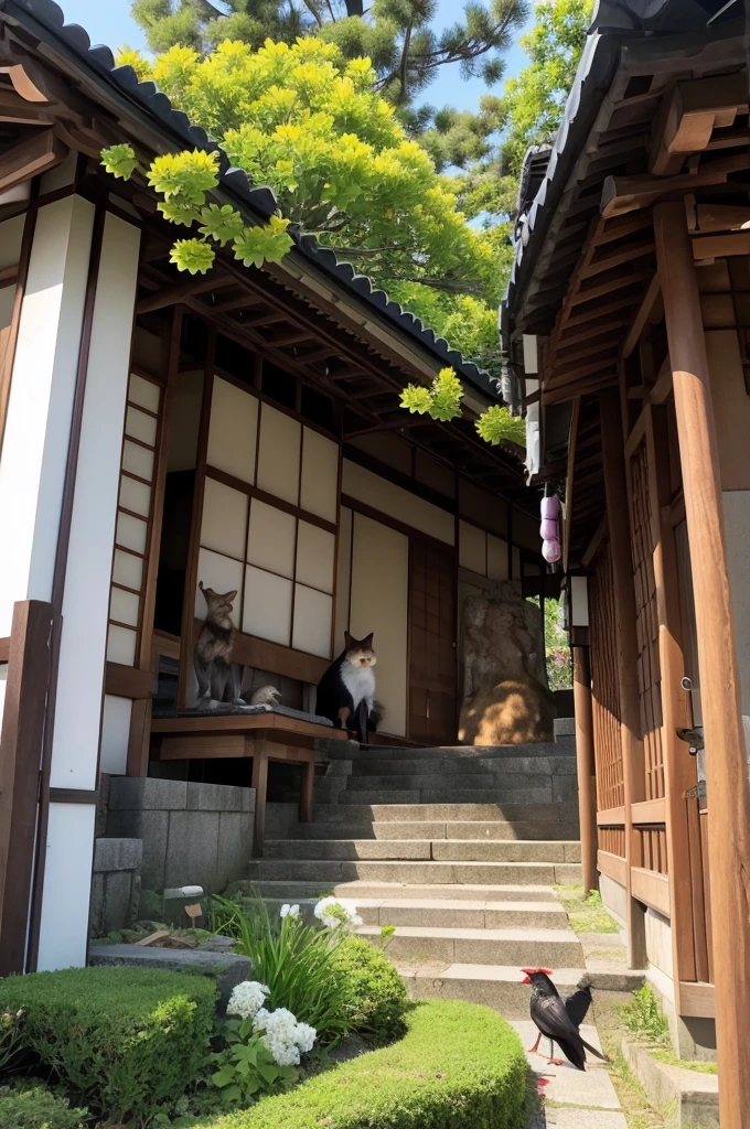 Japanese style, flowers, school building, fox, crow, monkey