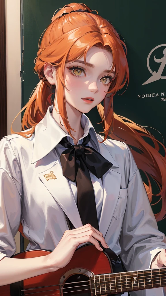 (Top resolution、Distinct_image)top-quality、(A girl) 、masterpiece、highly detailed, half body, Semi-realistic、yellow eyes 、18year old, ginger hair ,young 、Exquisite facial features、Facial features ,variation potrait, long ponytail hairstyles, , teenage, cool , cold sharp eyes, , {Very detailed 8k CG unit wallpaper}, students uniform, whit oversized shirt l, black tie, music classroom, red bass