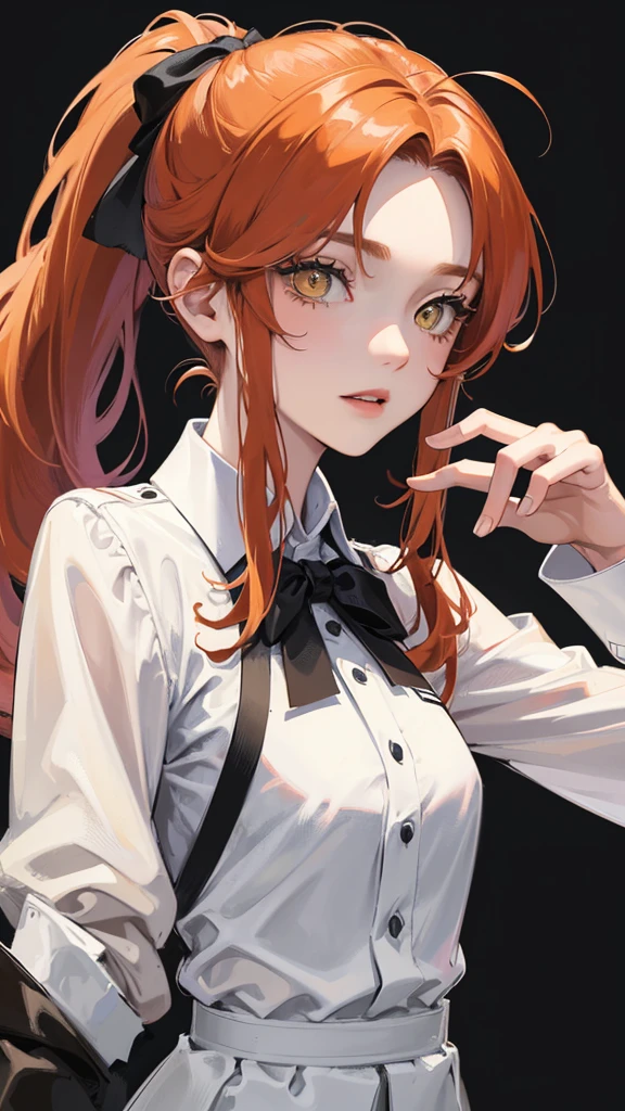 (Top resolution、Distinct_image)top-quality、(A girl) 、​masterpiece、highly detailed, half body, Semi-realistic、yellow eyes 、18year old, ginger hair ,young 、Exquisite facial features、Facial features ,variation potrait, long ponytail hairstyles,  , teenage, cool , cold sharp eyes, , {Very detailed 8k CG unit wallpaper}, students uniform, whit oversized shirt l, black tie, music classroom, red bass 