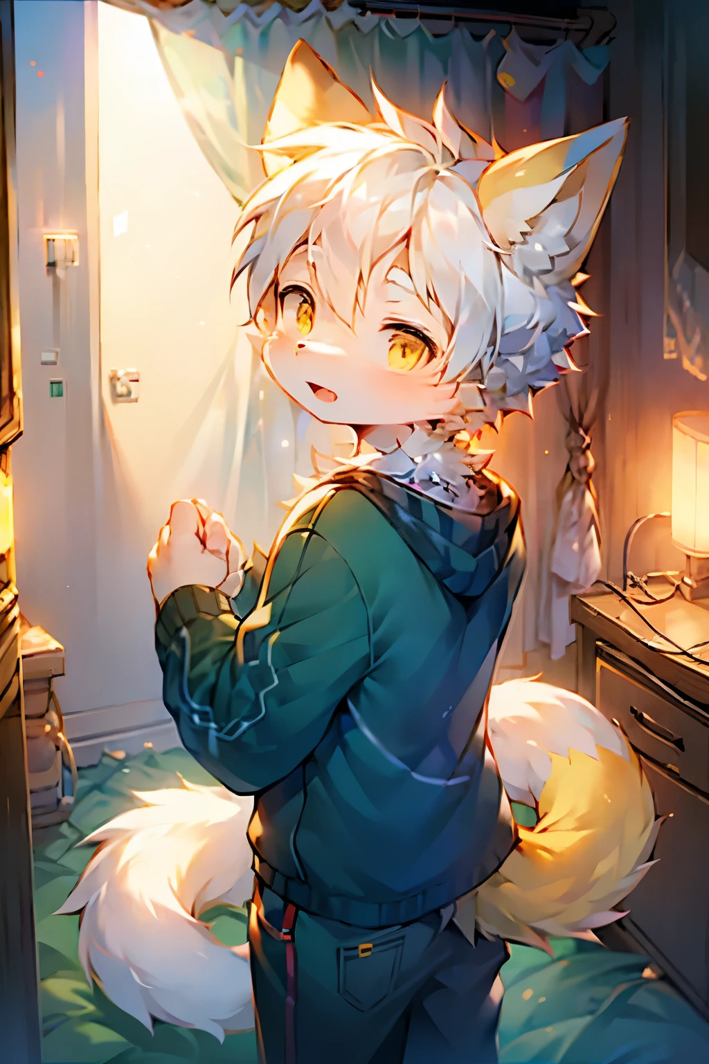 Fox Boy,Furry boys,Male focus,Infant and child characteristics,White hair,Yellow skin,White Arm,Standing,Electronic Music Production Clothes,Room bright background
