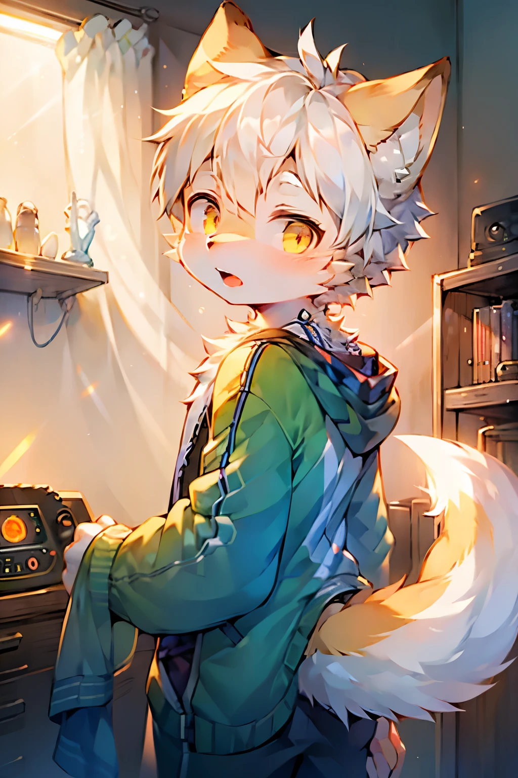 Fox Boy,Furry boys,Male focus,Infant and child characteristics,White hair,Yellow skin,White Arm,Standing,Electronic Music Production Clothes,Room bright background