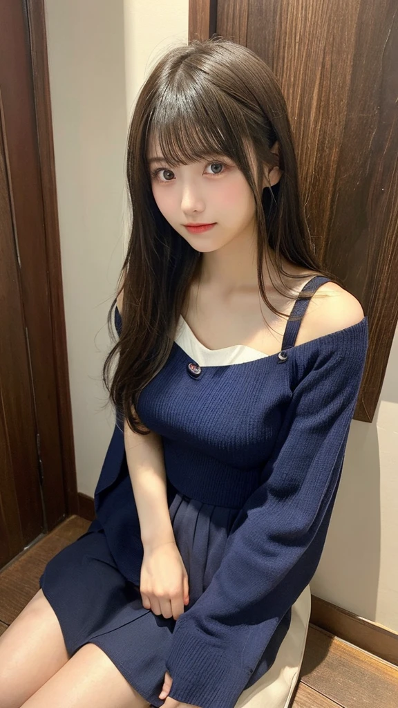 、17-year-old girl、Long Hair、Shoulder-length layers、Asymmetrical bangs、Japanese Idols、Bust Size C Cup、An angle that shows the knees、Neat clothes